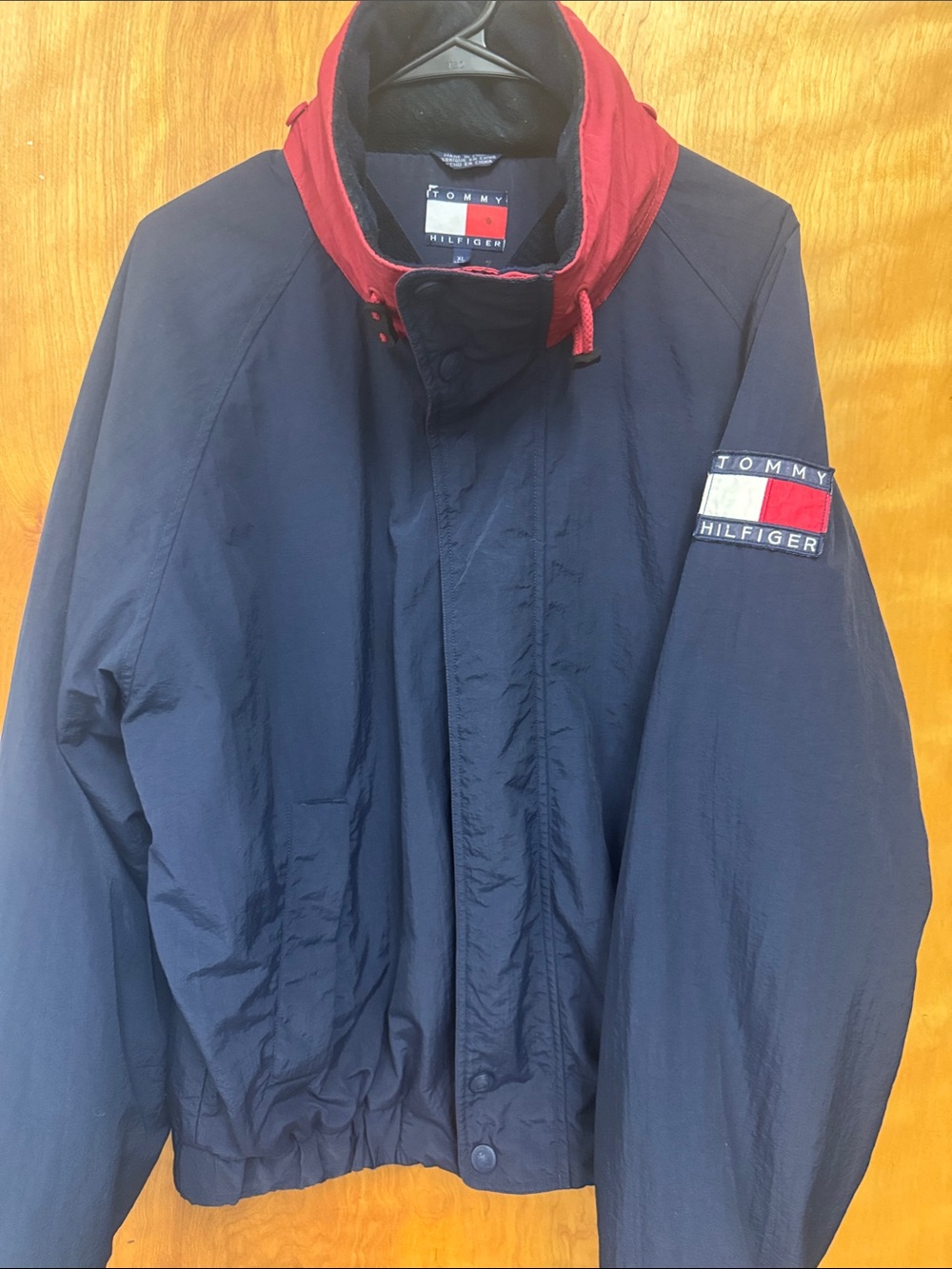 Tommy Hilfiger Navy Winter windbreaker with Red Hood Trim and fleece lining